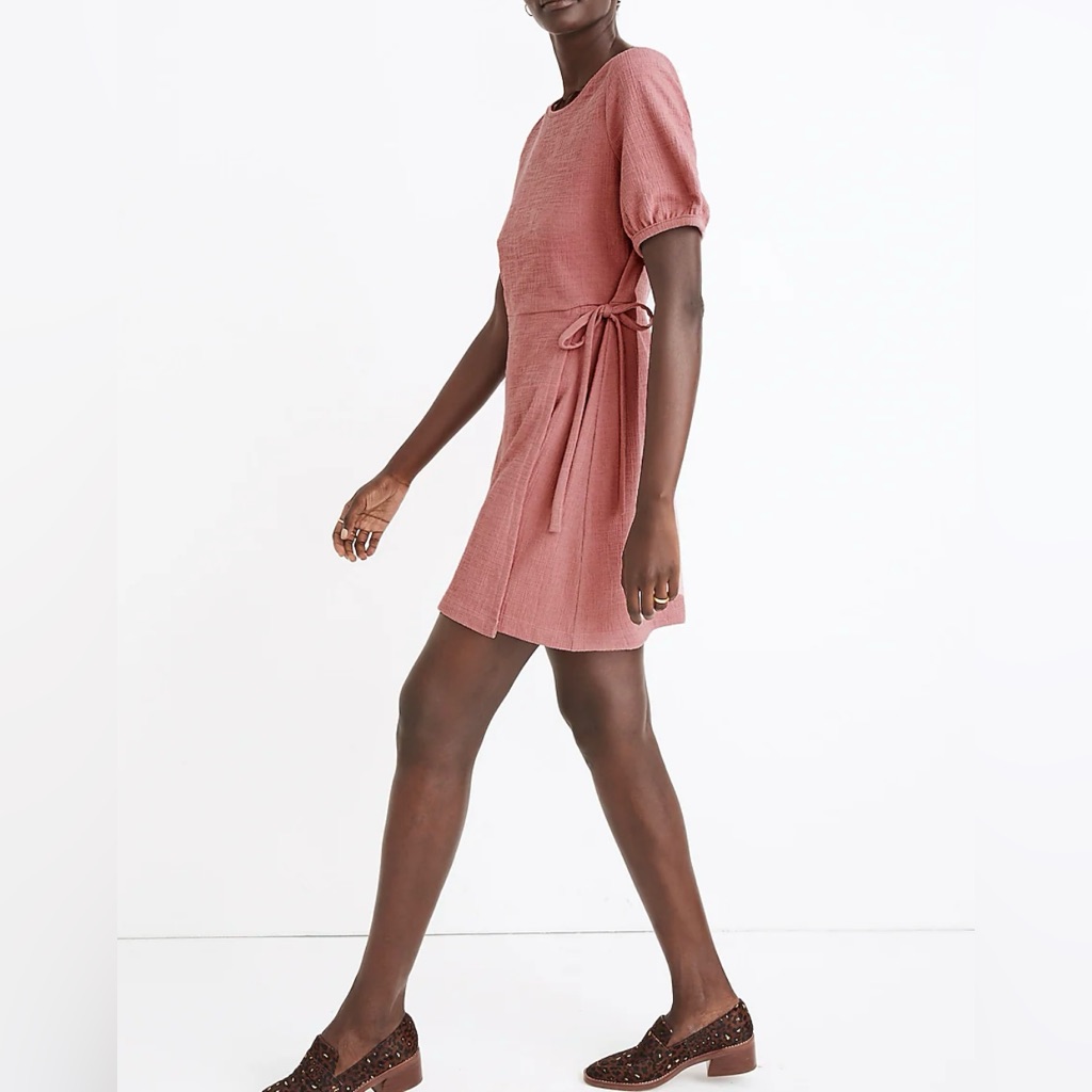 Madewell Light Pink Crosshatch Puff-Sleeve Faux-Wrap Stretchy Mini Dresss Sz Xs